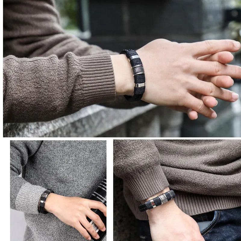 Punk Multilayer Braid Leather Magnetic Buck Men Bracelet