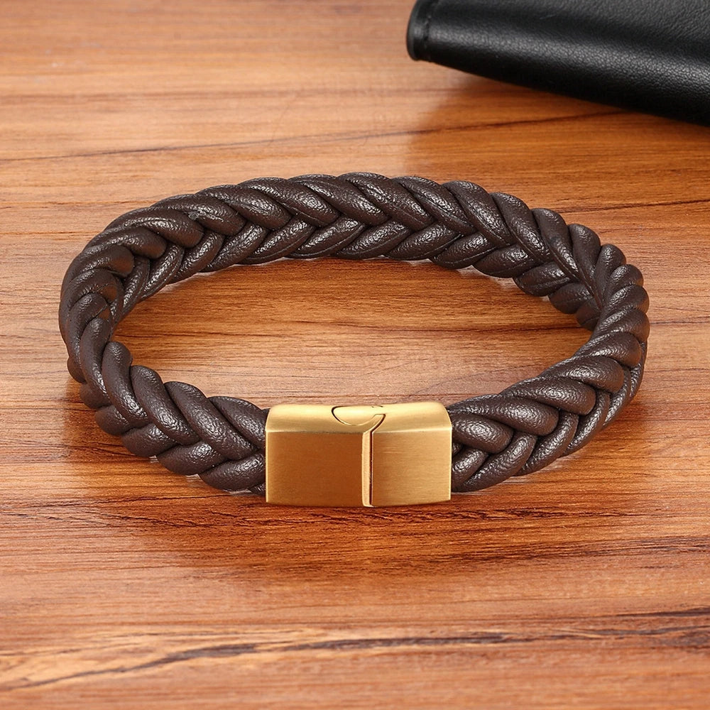 Classic Style Stainless Steel Leather Mens Bracelet