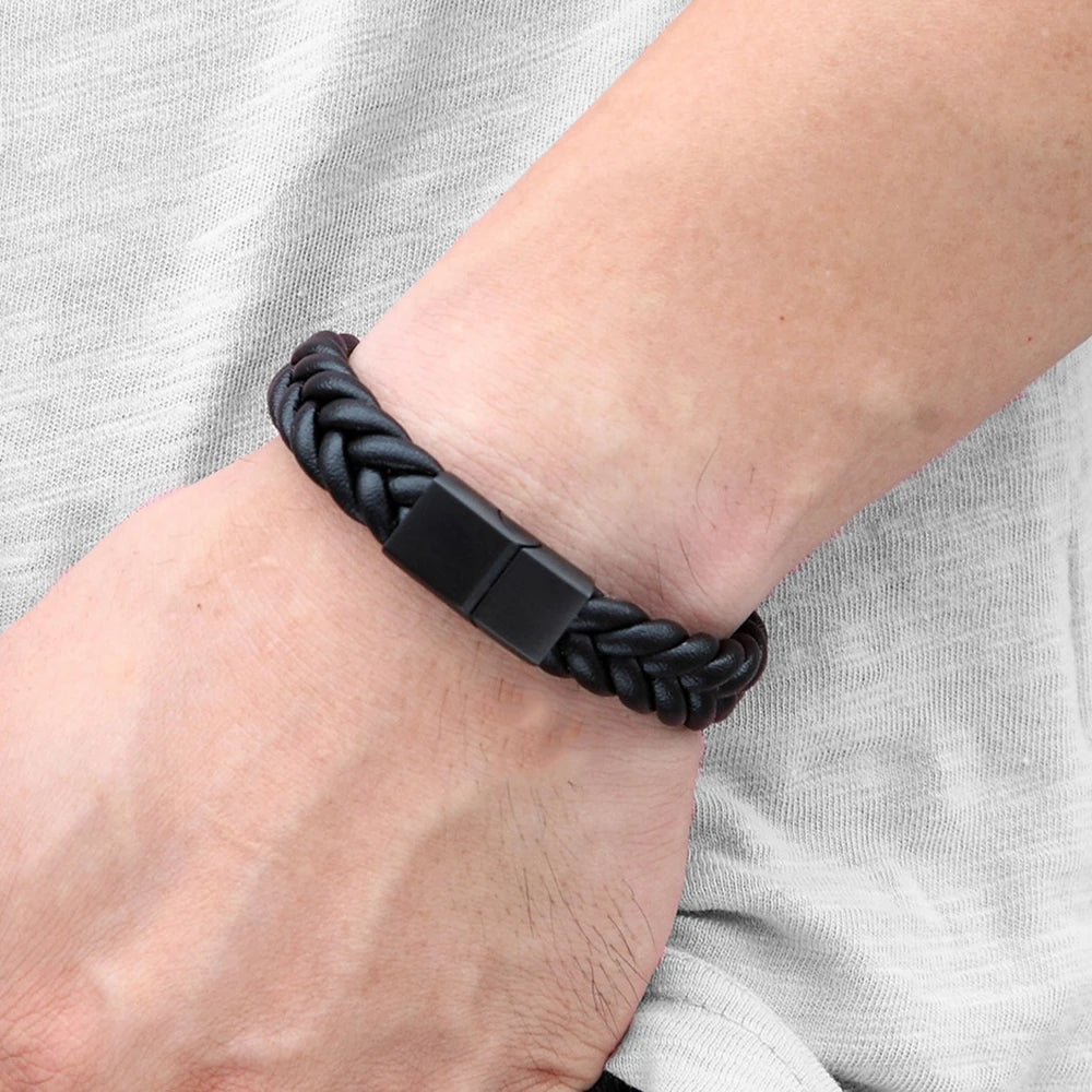 Classic Style Stainless Steel Leather Mens Bracelet