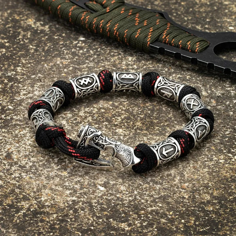 Men Viking Celtic Rune Beads Axe Bracelet Handmade Woven Norse Amulet