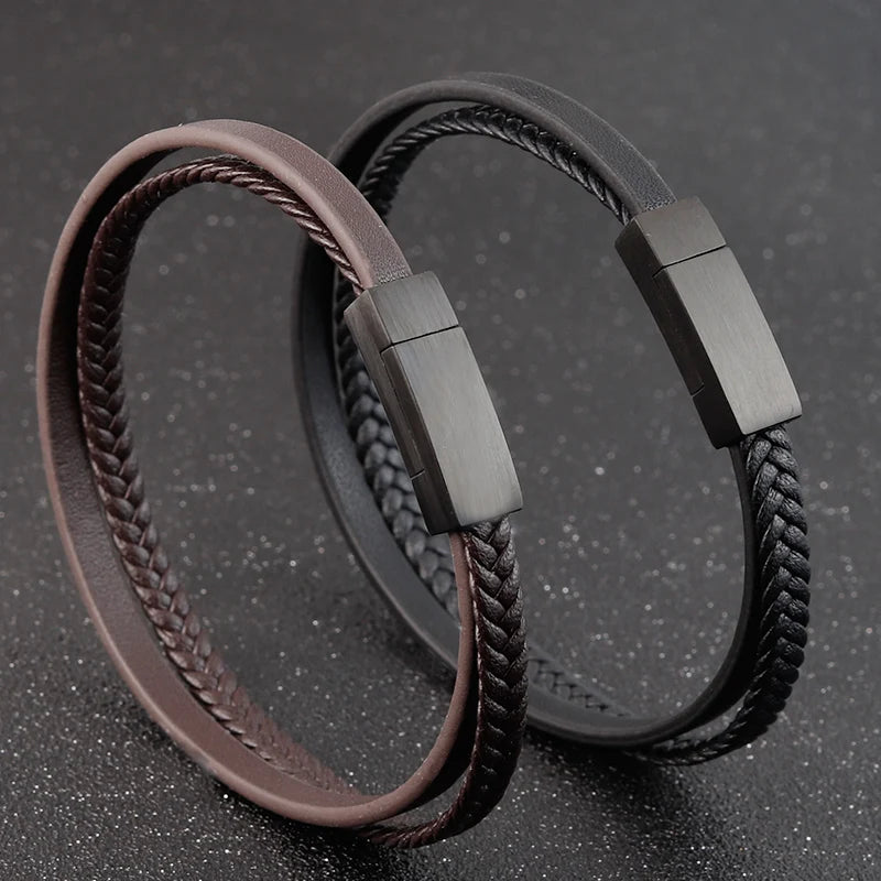 Special Luxury Style Leather Combination Splicing Mens Leather Bracelet