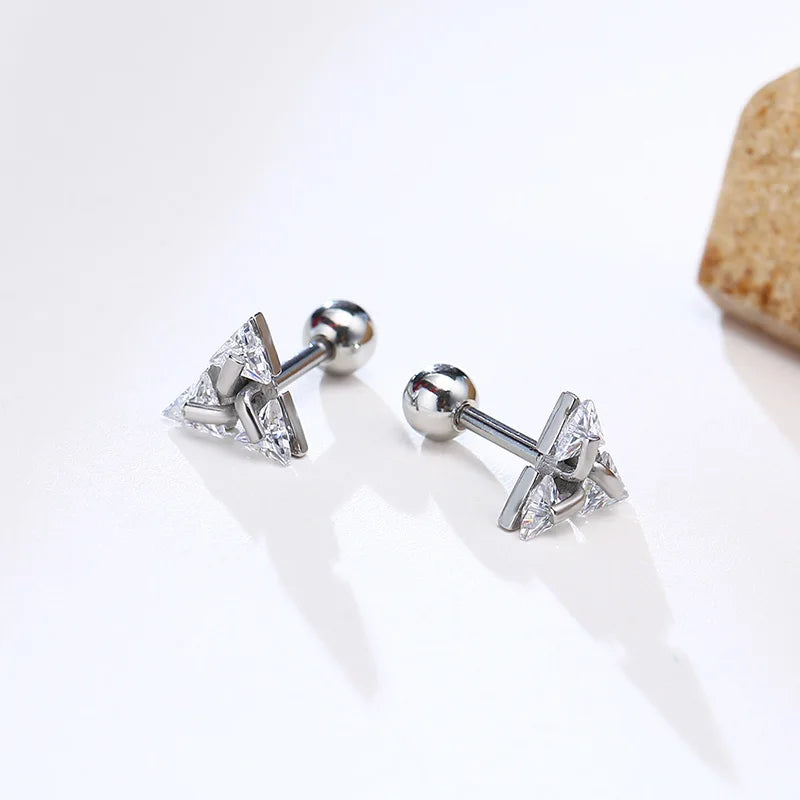 Mens Stud Earring Triangle Pierced Crystal Zircon Stud Earrings