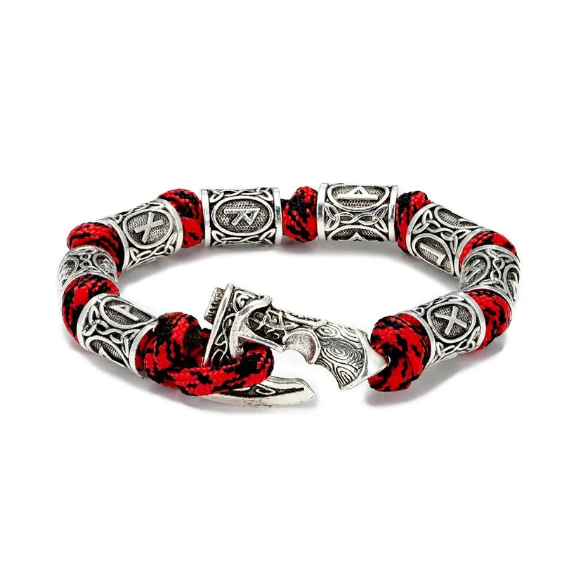 Men Viking Celtic Rune Beads Axe Bracelet Handmade Woven Norse Amulet