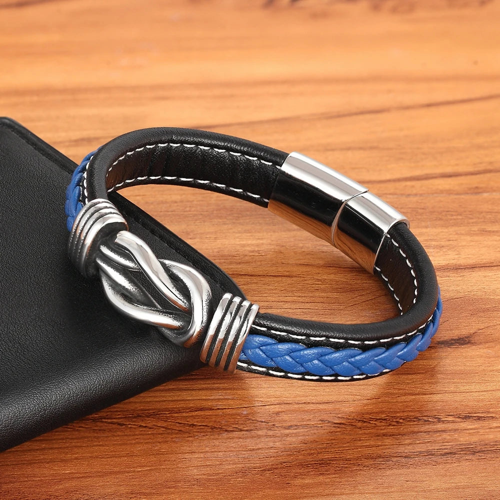 Geometric Stainless Steel Mens Leather Bracelet