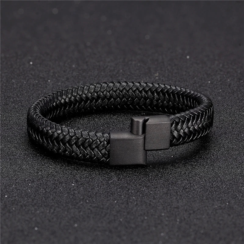 Mens Leather Bracelet Titanium Rope Steel Magnetic Clasp Bracelets