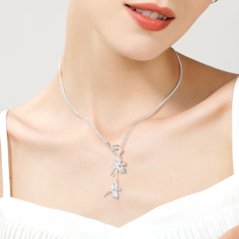 925 Sterling Silver Two Dragonfly Pendant Necklace For Women Snake Chain