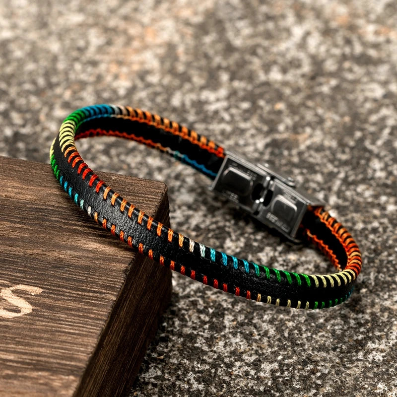 Fashion Handmade Leather Bracelets for Men Women Rainbow Wristband