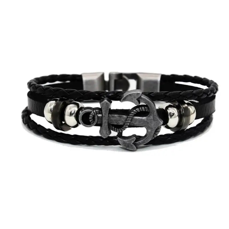 Trendy Multilayer Leather Braided Bracelets Anchor Viking Mens Bracelet