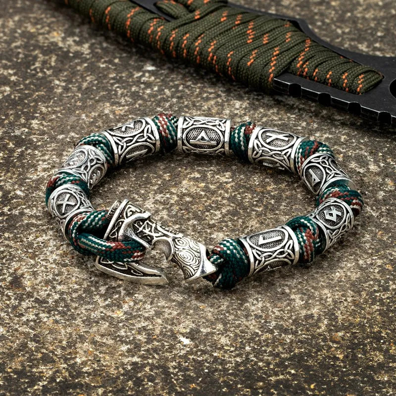 Men Viking Celtic Rune Beads Axe Bracelet Handmade Woven Norse Amulet