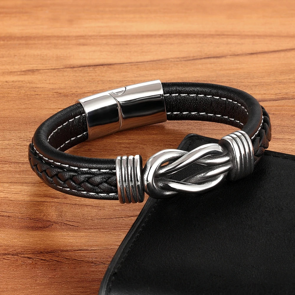 Geometric Stainless Steel Mens Leather Bracelet