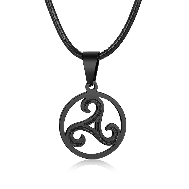 Triskele Mens Necklace Stainless Steel Triskelion Triple Spiral Pendant