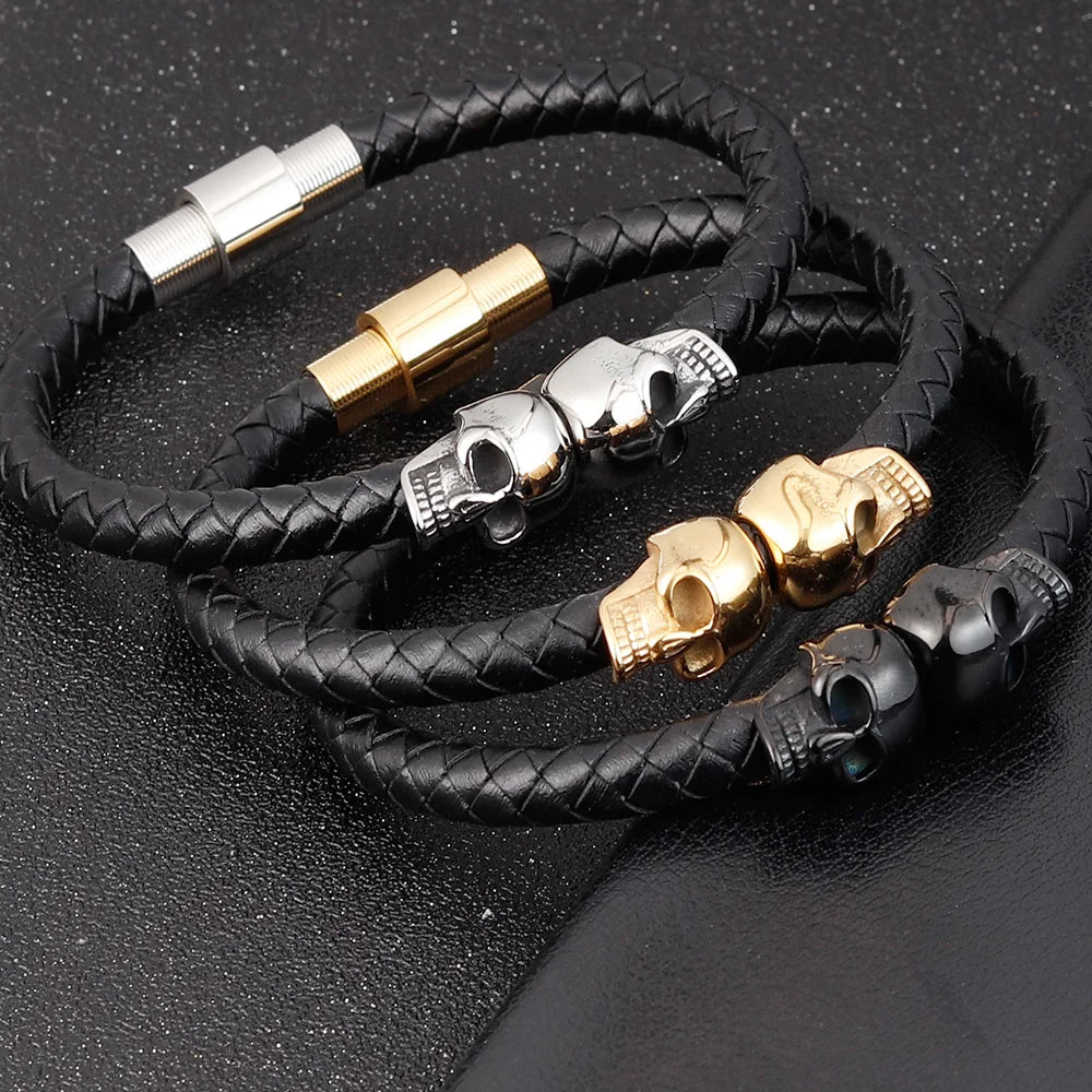 Stainless Steel Cool Skull Braided Mens Leather Bracelet