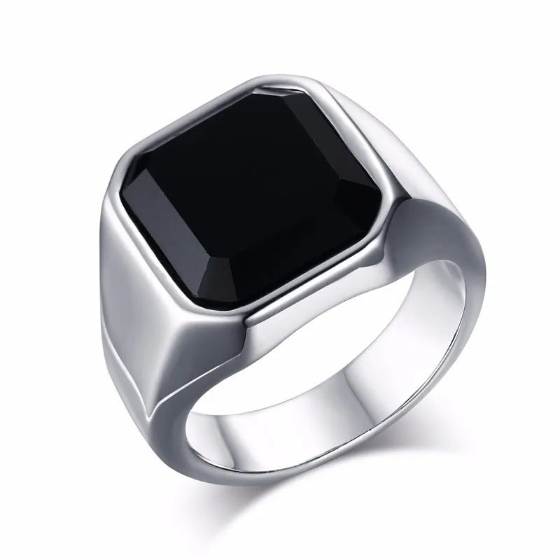 Mens Ring Black Carnelian Signet Rings Stainless Steel Square Pinky Rings