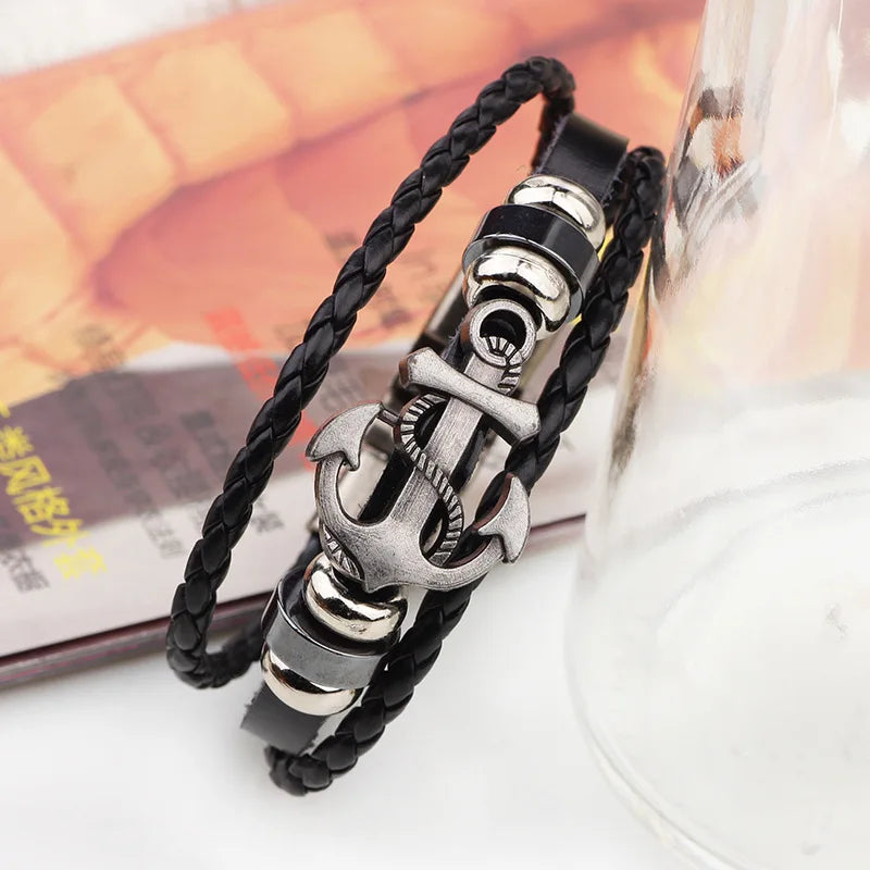 Trendy Multilayer Leather Braided Bracelets Anchor Viking Mens Bracelet