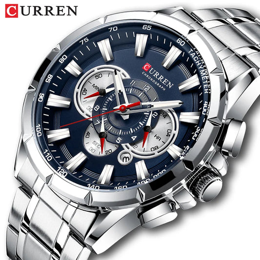 Mens Chronograph Quartz Watch Waterproof Sport Stainless Steel Wristwatch