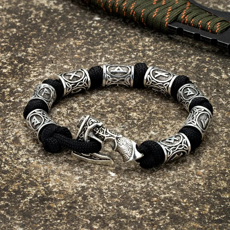 Men Viking Celtic Rune Beads Axe Bracelet Handmade Woven Norse Amulet