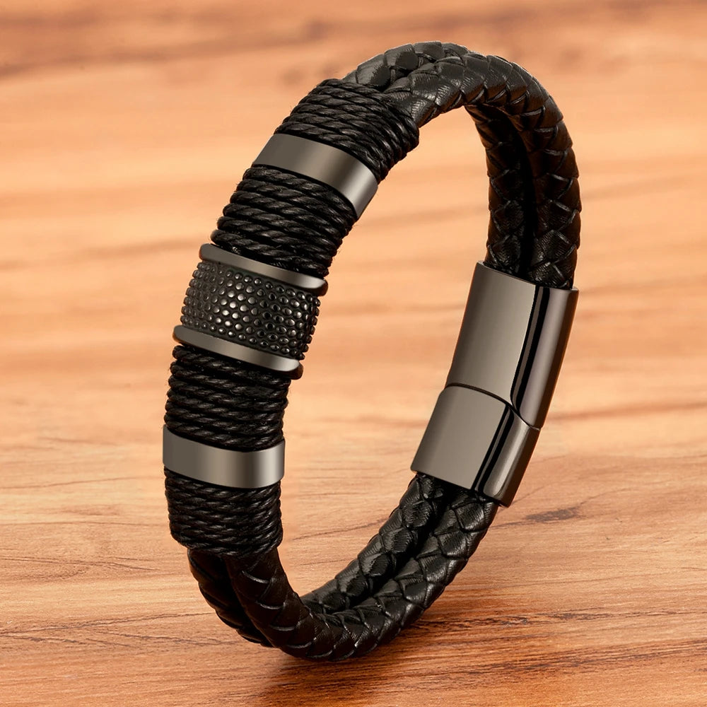 Woven Leather Rope Wrap Stainless Steel Mens Leather Bracelet