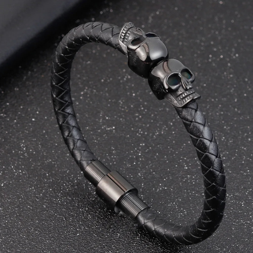 Stainless Steel Cool Skull Braided Mens Leather Bracelet