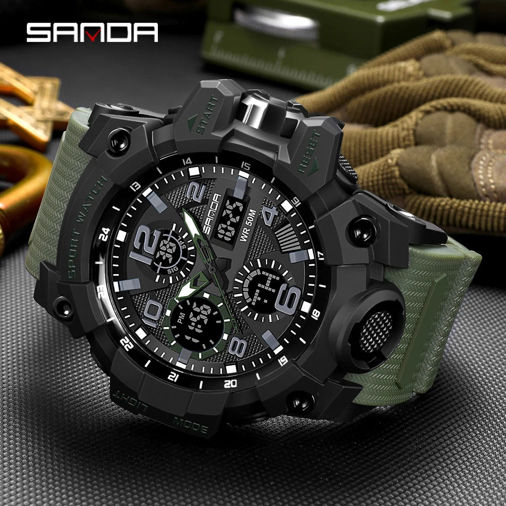 Sports Military Mens Watch Waterproof Dual Display Quartz