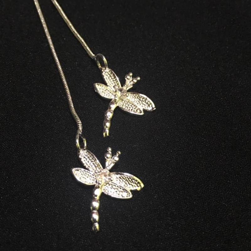 925 Sterling Silver Two Dragonfly Pendant Necklace For Women Snake Chain