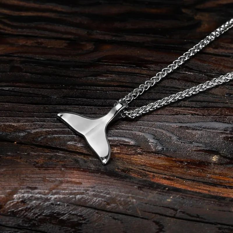 Ocean Style Vintage Oxidized Stainless Steel Whale Tail Pendant Necklace