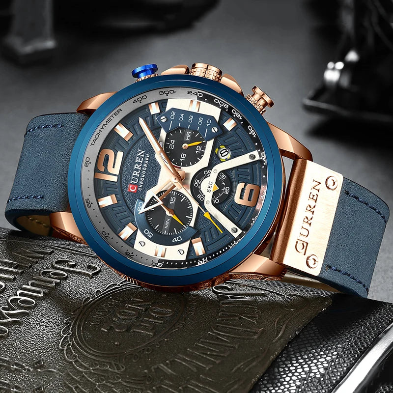 Mens Analog Leather Sports Chronograph Military Date Quartz Watch