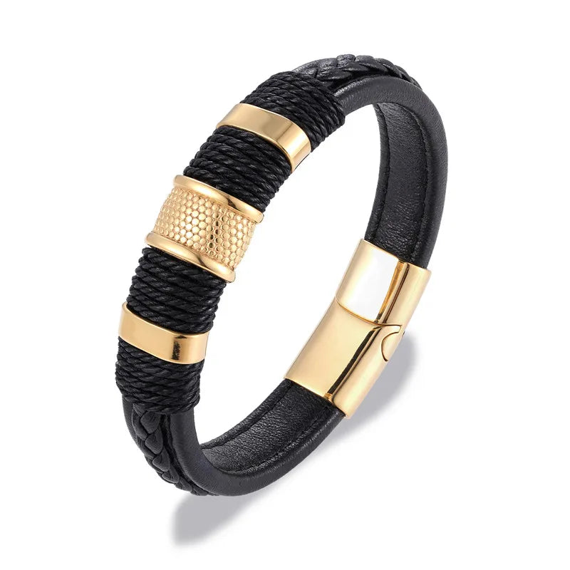 Punk Men Braided Leather Stainless Steel Magnetic Buckle Bracelet