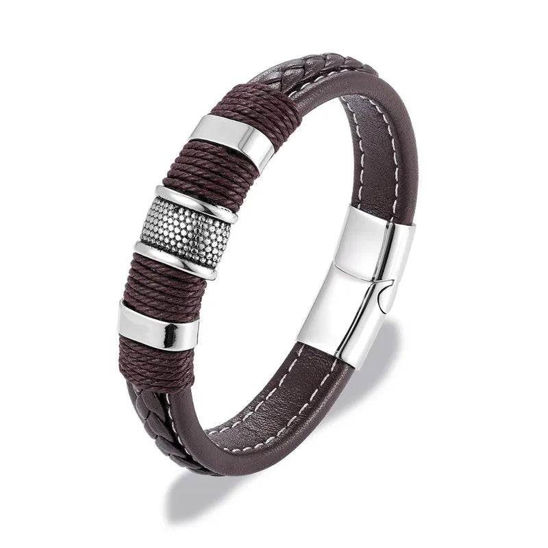 Punk Men Braided Leather Stainless Steel Magnetic Buckle Bracelet