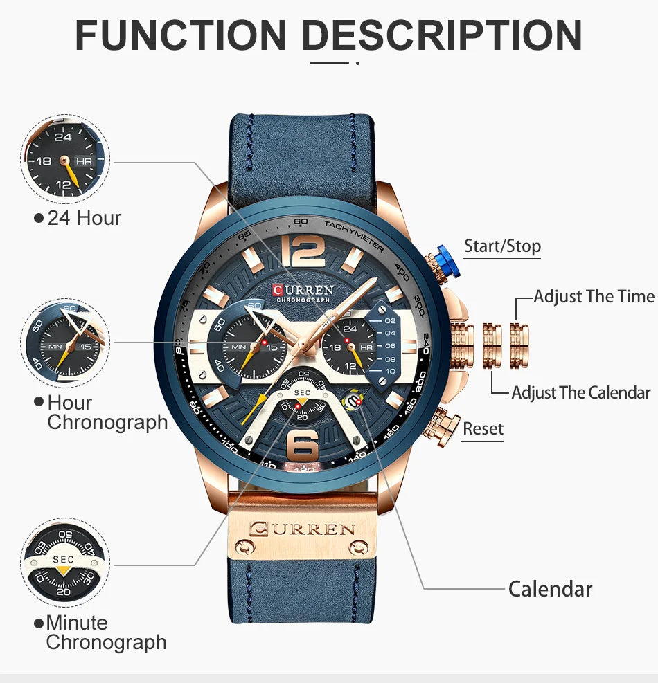 Mens Analog Leather Sports Chronograph Military Date Quartz Watch