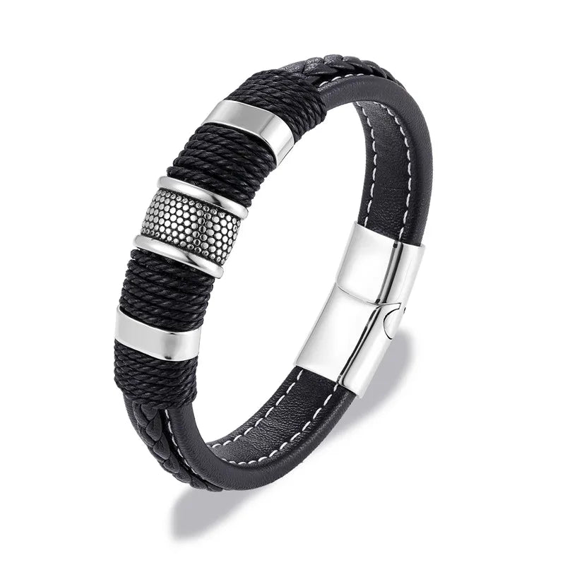 Punk Men Braided Leather Stainless Steel Magnetic Buckle Bracelet