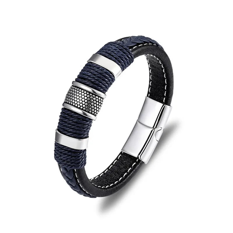 Punk Men Braided Leather Stainless Steel Magnetic Buckle Bracelet