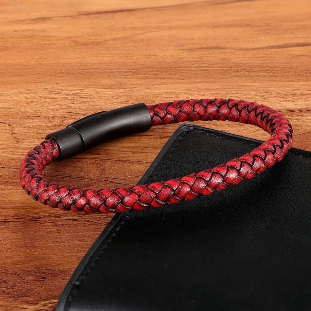 Mens Leather Bracelet Stainless Steel Button Hand Woven Bracelets