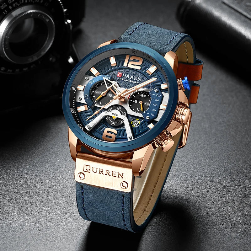 Mens Analog Leather Sports Chronograph Military Date Quartz Watch