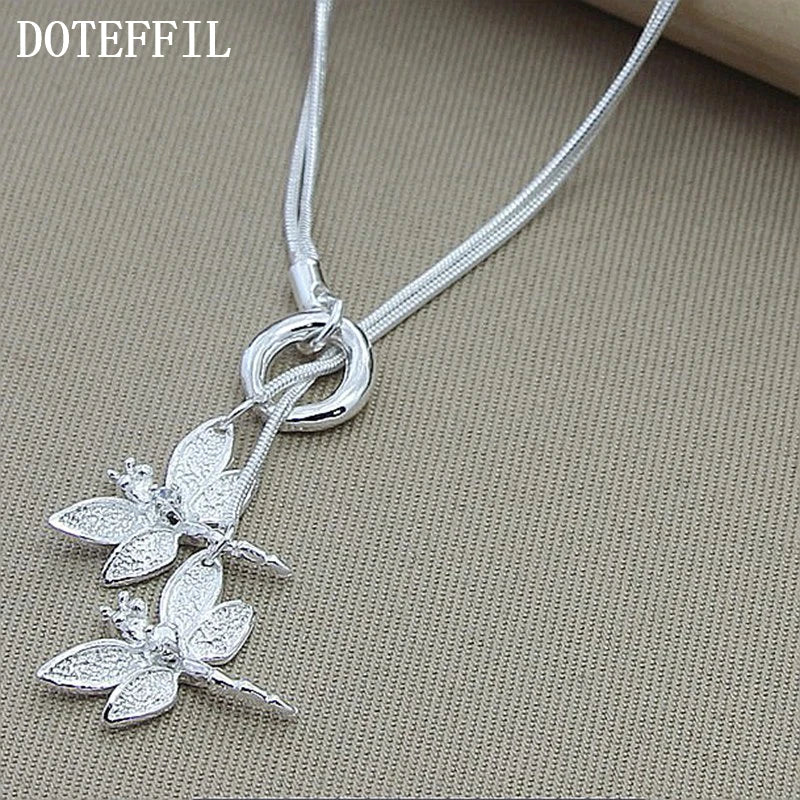 925 Sterling Silver Two Dragonfly Pendant Necklace For Women Snake Chain