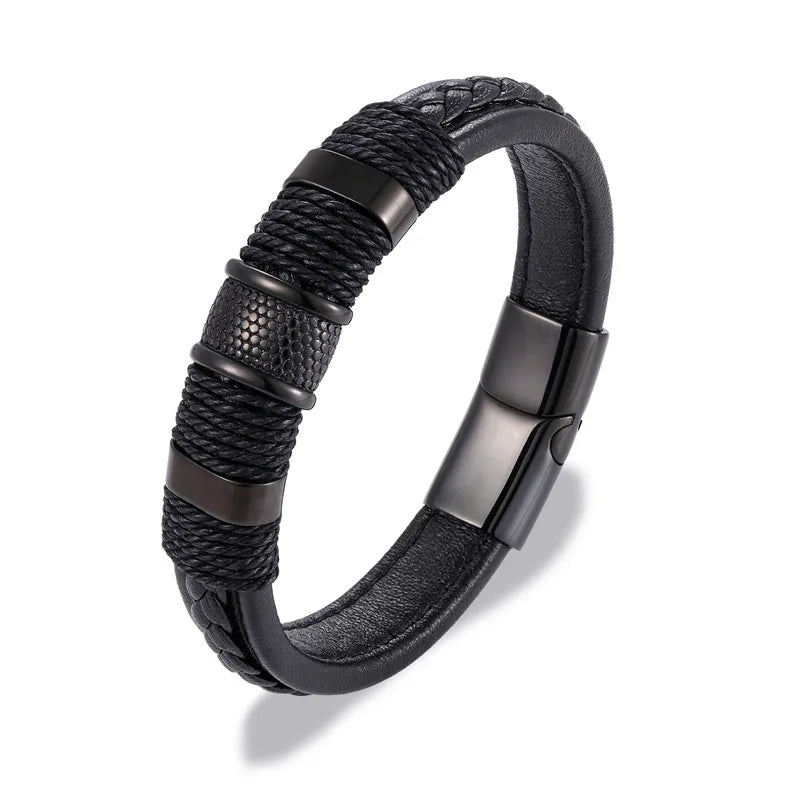 Punk Men Braided Leather Stainless Steel Magnetic Buckle Bracelet