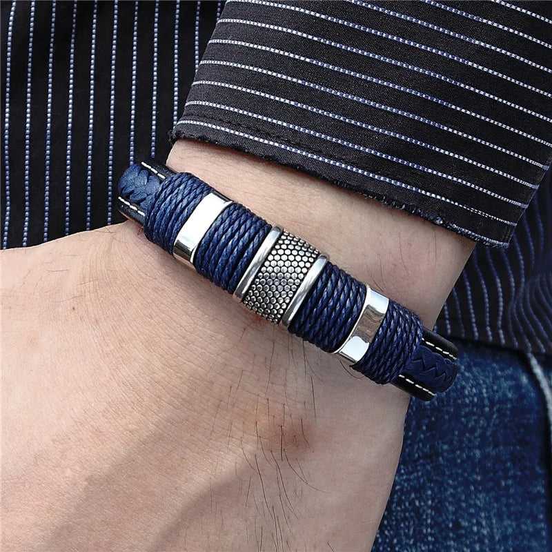 Punk Multilayer Braid Leather Magnetic Buck Men Bracelet