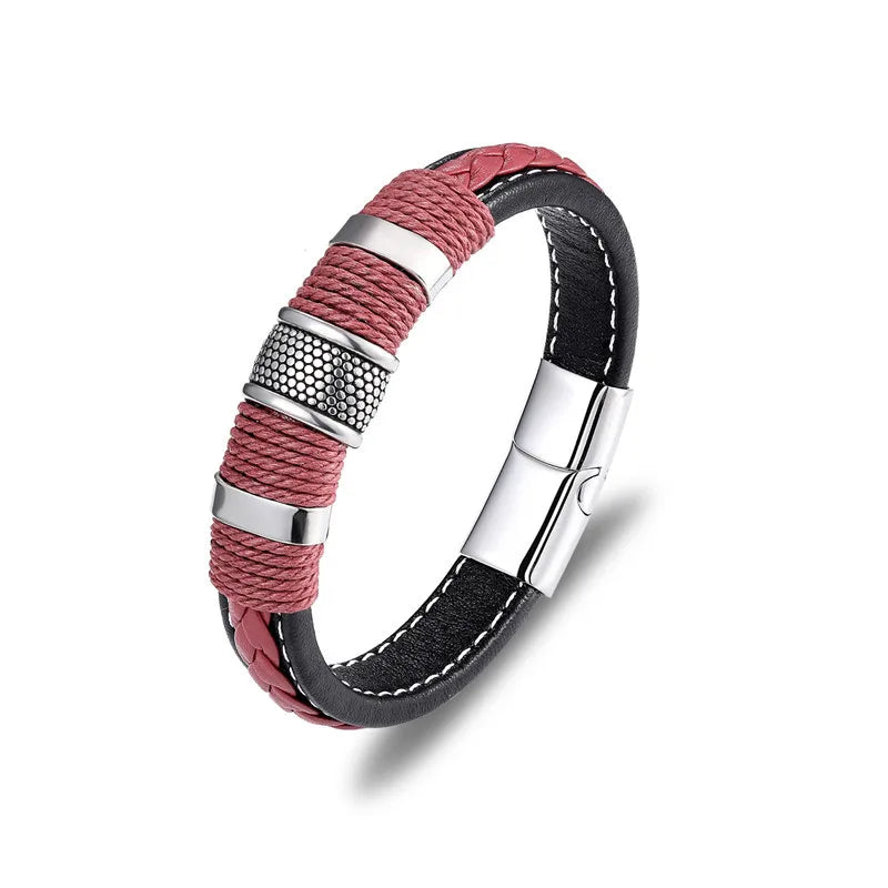 Punk Men Braided Leather Stainless Steel Magnetic Buckle Bracelet