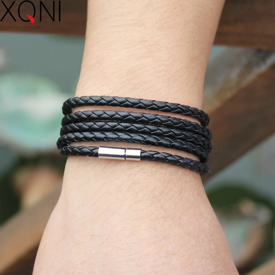 Retro Wrap Long Leather Bracelet Men Bangles With 5 Laps