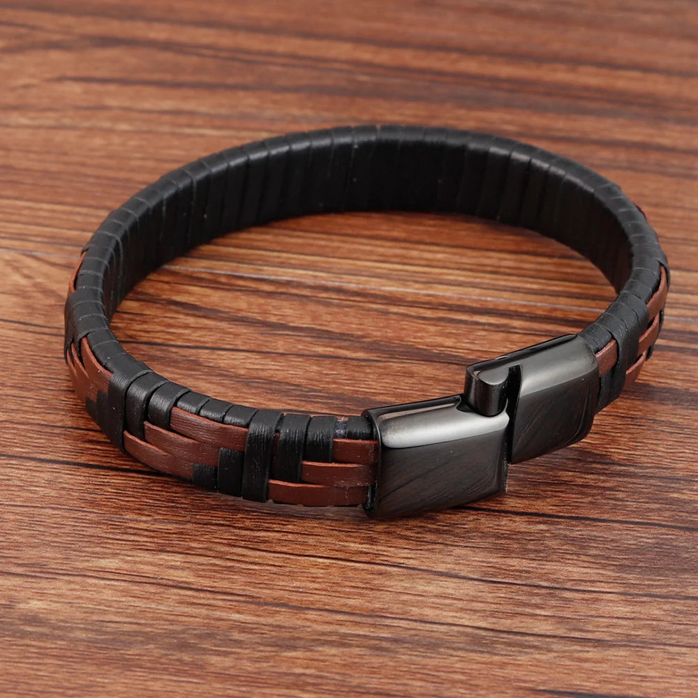 Hand Knitted Mens Leather Bracelet Stainless Steel Magnetic Clasp