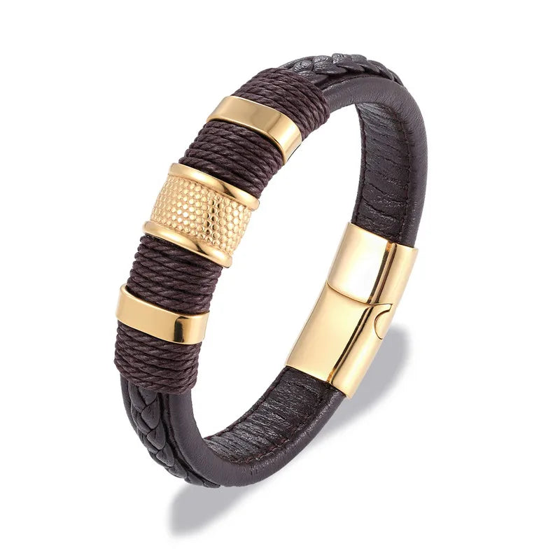 Punk Men Braided Leather Stainless Steel Magnetic Buckle Bracelet