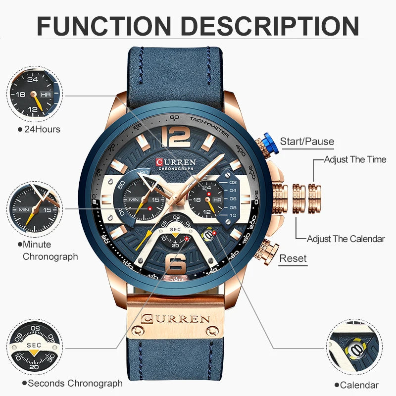 Mens Analog Leather Sports Chronograph Military Date Quartz Watch