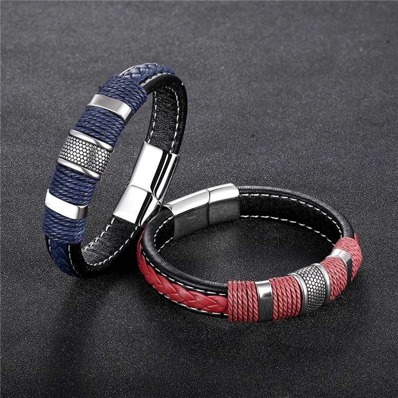 Punk Men Braided Leather Stainless Steel Magnetic Buckle Bracelet