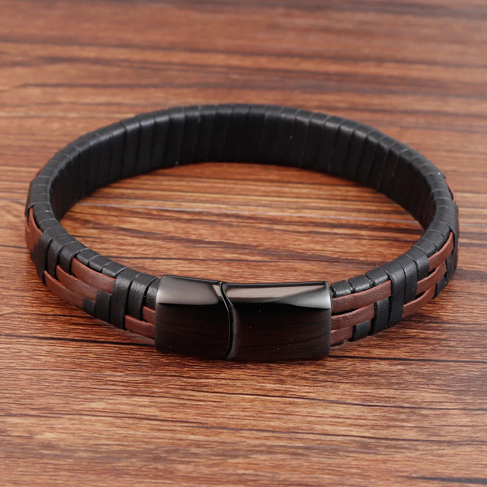 Hand Knitted Mens Leather Bracelet Stainless Steel Magnetic Clasp