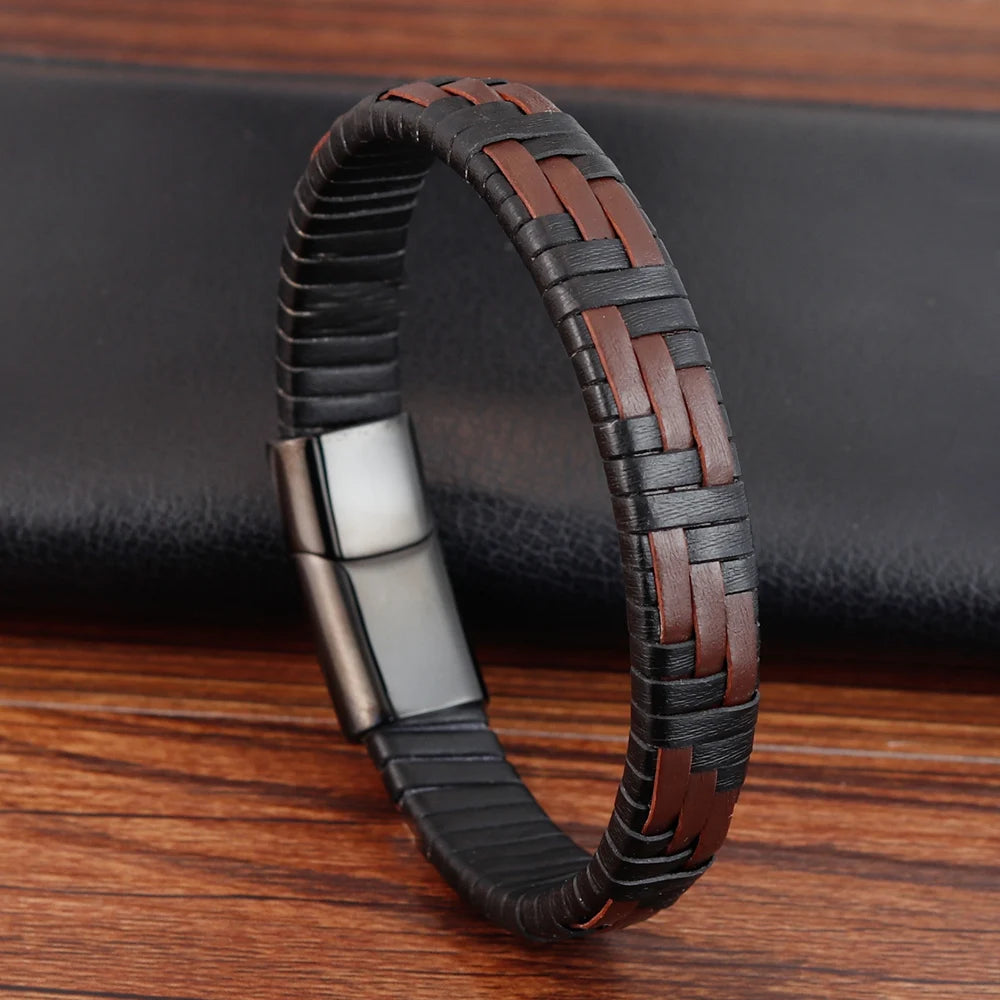 Hand Knitted Mens Leather Bracelet Stainless Steel Magnetic Clasp