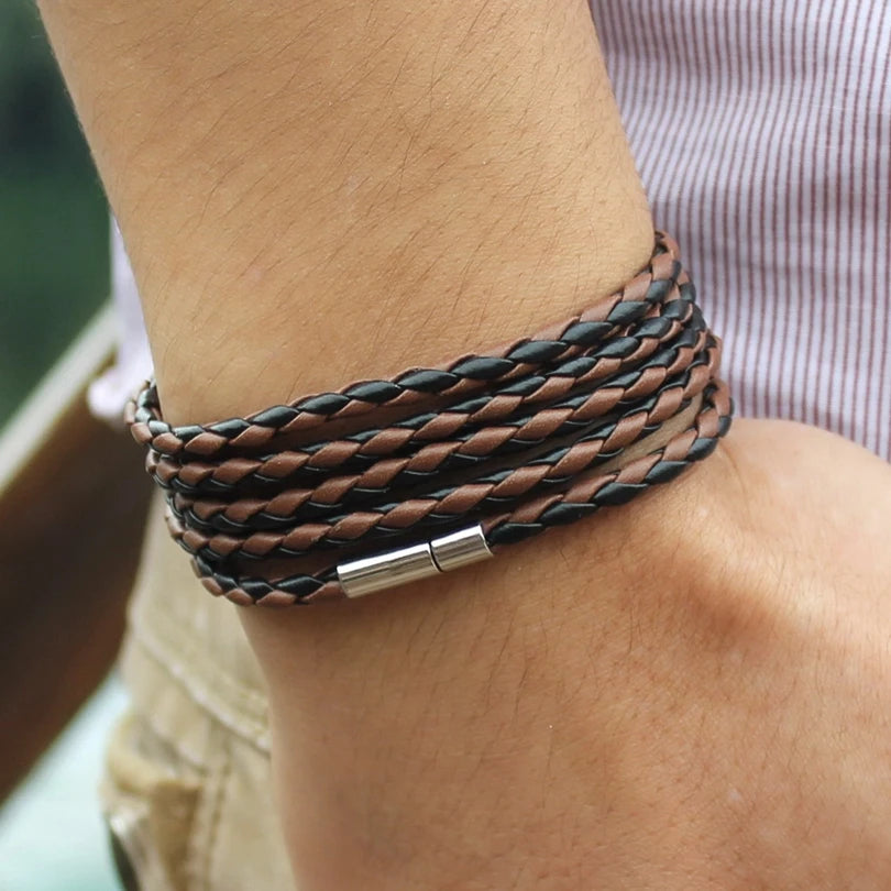 Retro Wrap Long Leather Bracelet Men Bangles With 5 Laps