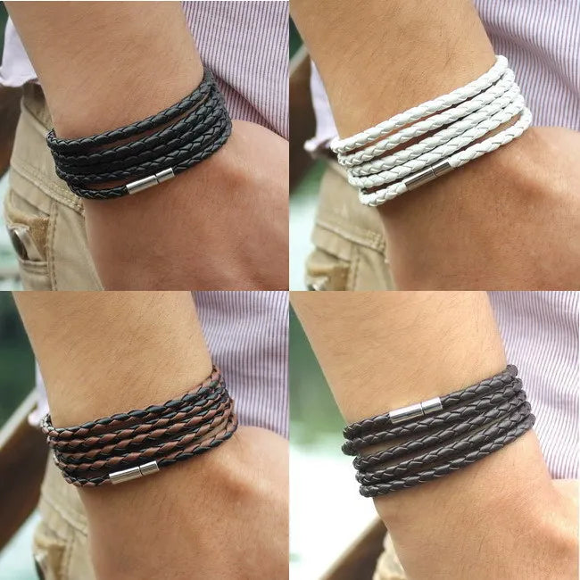 Handmade Round Rope Turn Buckle Mens Leather Bracelet