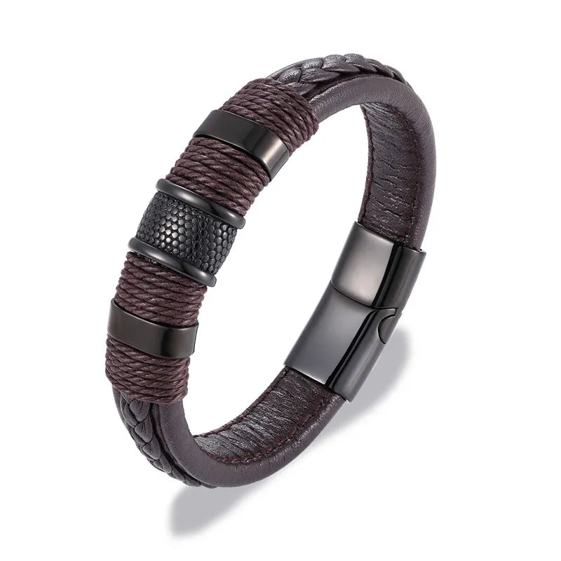 Punk Men Braided Leather Stainless Steel Magnetic Buckle Bracelet