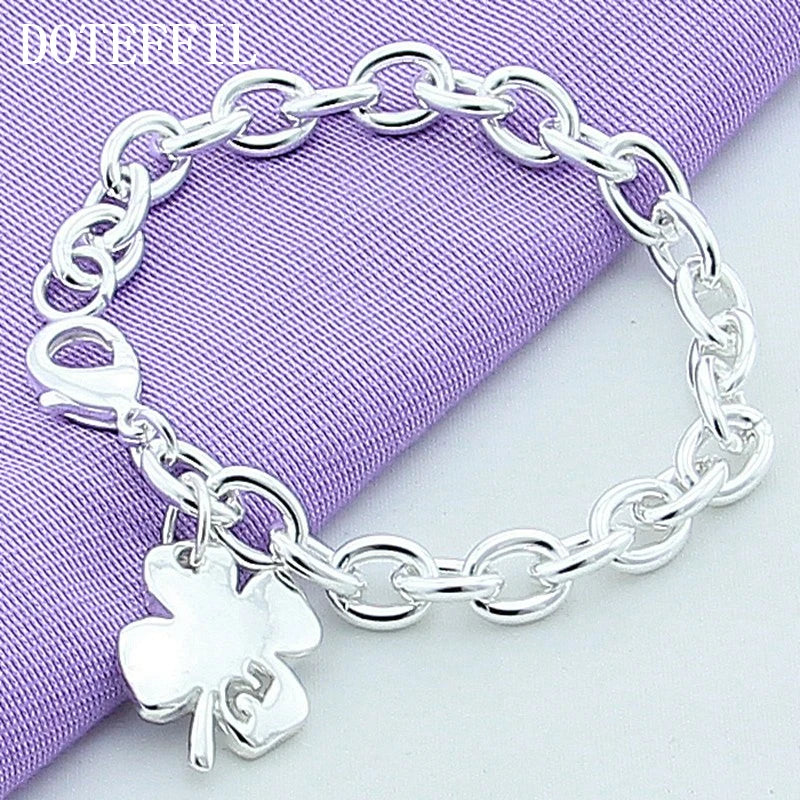 925 Sterling Silver Clover Leaves Lucky Number 5 Womens Bracelet 20cm Chain