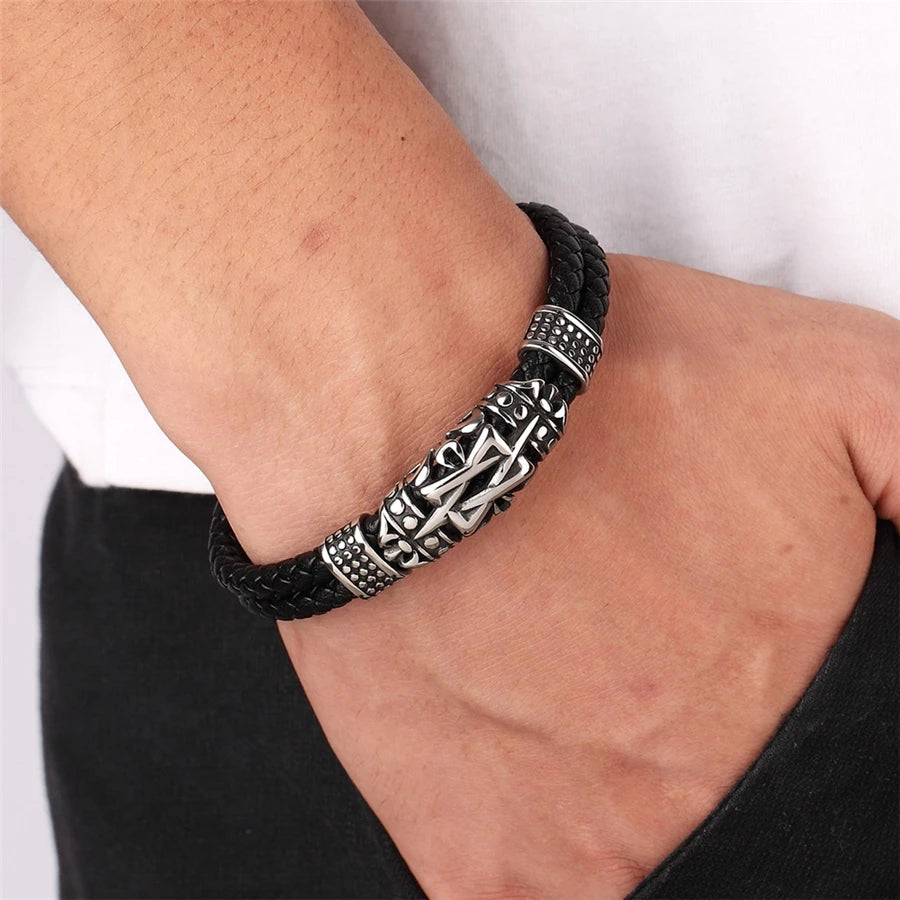 Punk Style Ancient Architecture Totem Genuine Leather Mens Bracelet