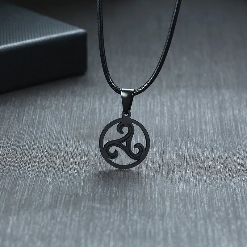 Triskele Mens Necklace Stainless Steel Triskelion Triple Spiral Pendant